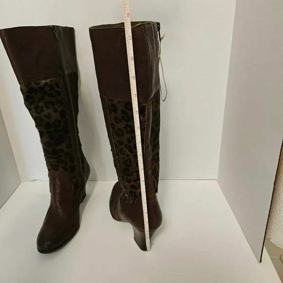 Born Brown Boots Knee High Zip Leopard Print Pony Hair Women Size 9 1/2 - Picture 2 of 16